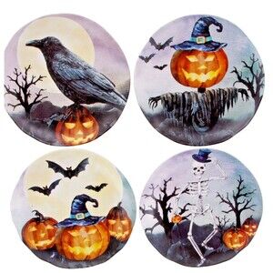 Halloween Appetizer Plates 6.5" Set of 4 Melamine Raven Skeleton Pumpkin Bats